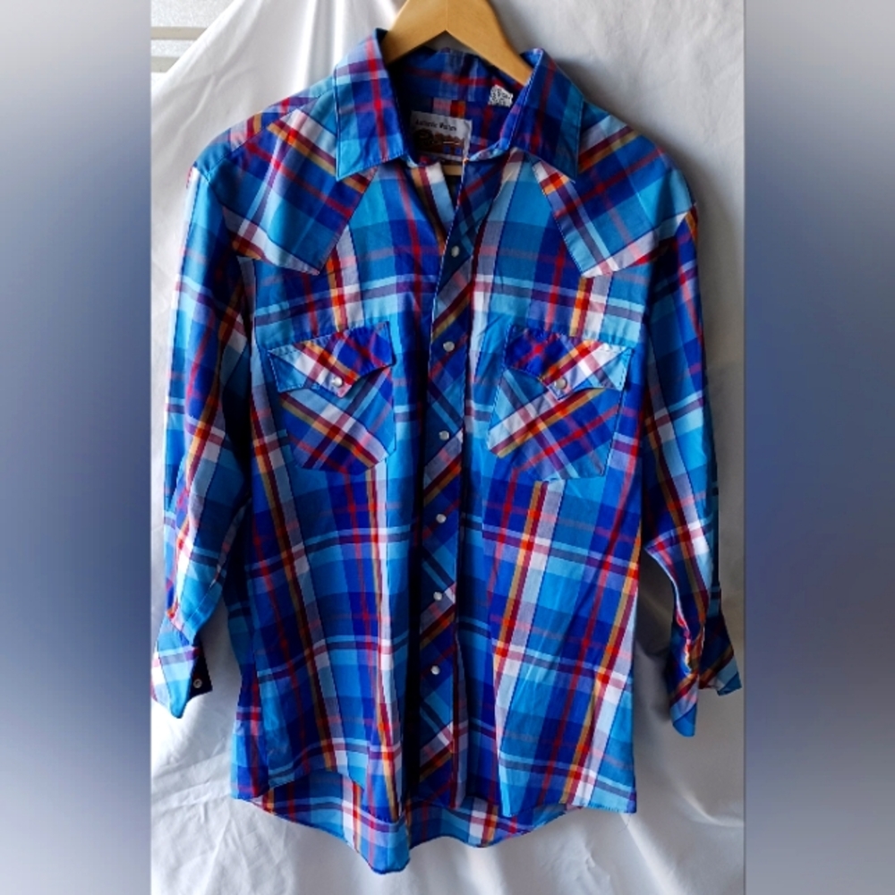ATB Authentic Western Shirt Men's 16.5 Blue Plaid Pearl Snap L/SL Rodeo Rancher
